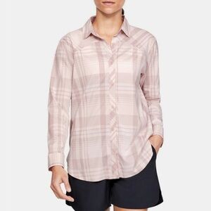 Under Armour Pink Loose Plaid Button Up Top Size M Heat Gear UPF 30 Long Sleeve